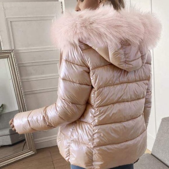 Jackets & Coats Metallic Pink Quilted Puffer Jacket Faux Fur Coat
